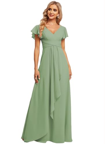 JAEDEN Damen Brautjungfernkleider Chiffon V-Ausschnitt Abendkleid mit Ärmel Formelle Hochzeit Party Kleid Staubiger Salbei 38 von JAEDEN