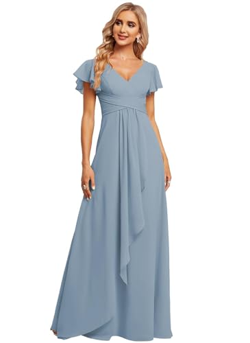 JAEDEN Damen Brautjungfernkleider Chiffon V-Ausschnitt Abendkleid mit Ärmel Formelle Hochzeit Party Kleid Staubiges Blau 38 von JAEDEN