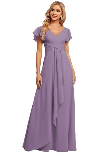 JAEDEN Damen Brautjungfernkleider Chiffon V-Ausschnitt Abendkleid mit Ärmel Formelle Hochzeit Party Kleid Staubiges Lila 38 JAEDEN Damen Brautjungfernkleider Chiffon V-Ausschnitt Abendkleid mit Ärmel Formelle Hochzeit Party Kleid Staubiges Lila 38 von JAEDEN
