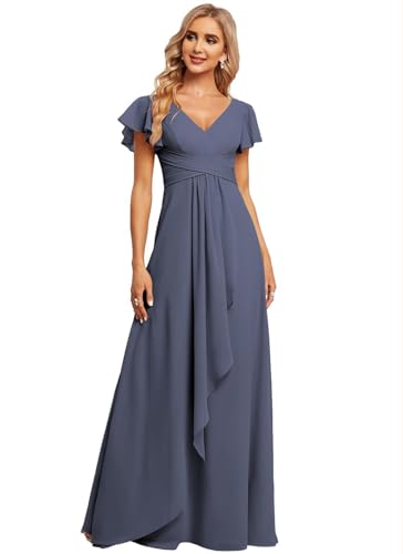 JAEDEN Damen Brautjungfernkleider Chiffon V-Ausschnitt Abendkleid mit Ärmel Formelle Hochzeit Party Kleid Stürmisches Blau 52 von JAEDEN