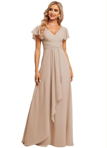 JAEDEN Damen Brautjungfernkleider Chiffon V-Ausschnitt Abendkleid mit Ärmel Formelle Hochzeit Party Kleid Taupe 32 von JAEDEN