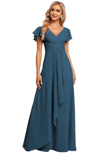JAEDEN Damen Brautjungfernkleider Chiffon V-Ausschnitt Abendkleid mit Ärmel Formelle Hochzeit Party Kleid Teal 40 von JAEDEN