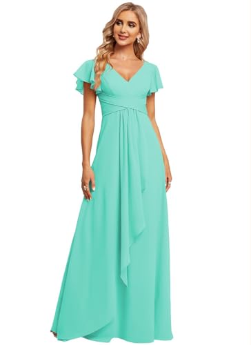 JAEDEN Damen Brautjungfernkleider Chiffon V-Ausschnitt Abendkleid mit Ärmel Formelle Hochzeit Party Kleid Türkis 40 von JAEDEN