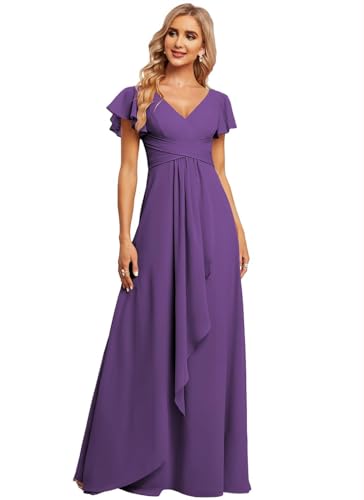 JAEDEN Damen Brautjungfernkleider Chiffon V-Ausschnitt Abendkleid mit Ärmel Formelle Hochzeit Party Kleid Violett 42 von JAEDEN