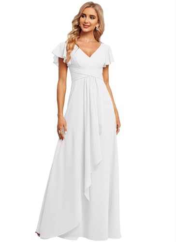 JAEDEN Damen Brautjungfernkleider Chiffon V-Ausschnitt Abendkleid mit Ärmel Formelle Hochzeit Party Kleid Weiß 40 von JAEDEN
