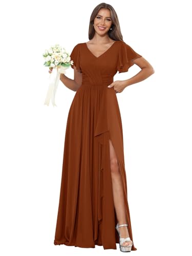 JAEDEN Damen Brautjungfernkleider Lang Chiffon Falten Abendkleider mit Ärmel A-Linie Gebranntes Orange 38 von JAEDEN