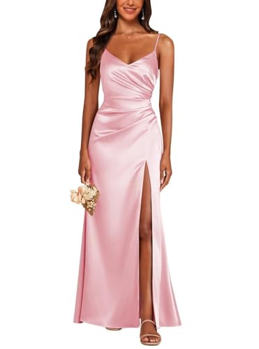 JAEDEN Damen Brautjungfernkleider Meerjungfrau Satin Abendkleider V-Ausschnitt Ballkleider mit Schlitz Rosa 34 von JAEDEN