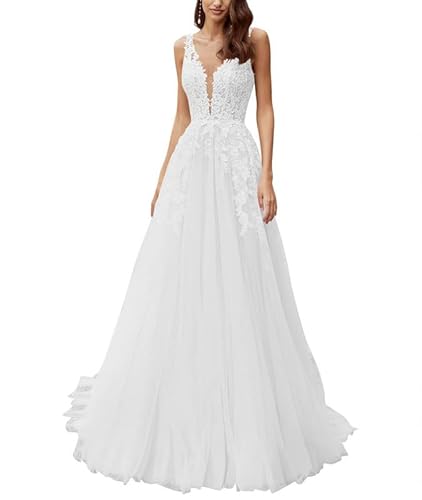 JAEDEN Damen Brautkleid A-Linie Prinzessin Hochzeitskleid Lang Tüll Standesamt Brautmode V-Ausschnitt Trauung Kleid Weiß 42 von JAEDEN