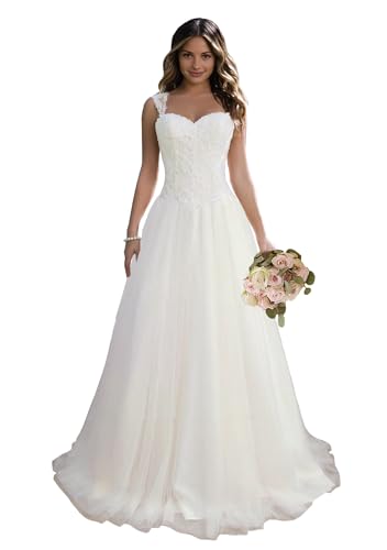 JAEDEN Damen Brautkleid Hochzeitskleider Lang Prinzessin Brautmode Tüll Herzausschnitt A-Linie Weiß 34 von JAEDEN