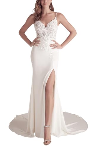 JAEDEN Damen Brautkleid Spaghettiträger Boho Hochzeitskleid Spitze Meerjungfrau Standesamt Brautkleider Weiß 34 von JAEDEN