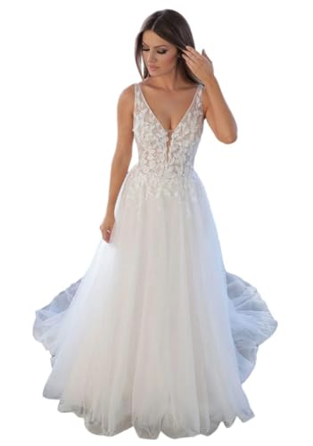 JAEDEN Damen Brautkleid V-Ausschnitt Prinzessin Hochzeitskleider Spitze Tüll Trauung Kleider Elfenbein 42 von JAEDEN