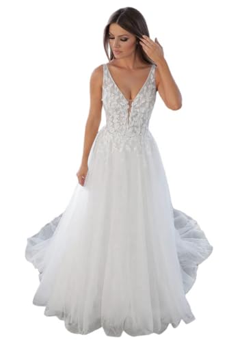 JAEDEN Damen Brautkleid V-Ausschnitt Prinzessin Hochzeitskleider Spitze Tüll Trauung Kleider Weiß 38 von JAEDEN