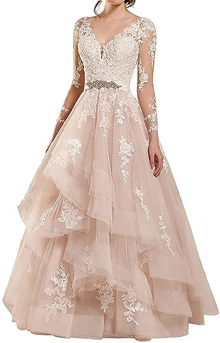 JAEDEN Damen Brautkleid V-Ausschnitt Prinzessin Langarm Hochzeitskleider mit Schleppe Rosa 50 von JAEDEN