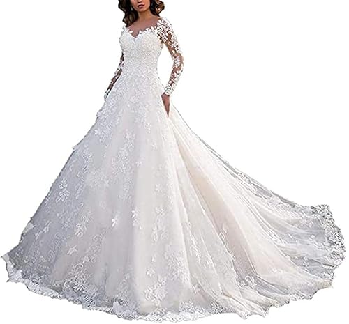 JAEDEN Damen Brautkleider Hochzeitskleider V-Ausschnitt Lange Ärmel Brautkleid Prinzessin Trauung Kleider Spitze Tüll Weiß 34 von JAEDEN