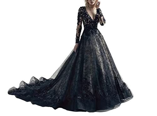 JAEDEN Damen Brautkleider Schwarz Ballkleid Tüll Spitze Hochzeitskleid Langarm Gothic Brautkleid V Ausschnitt Schwarz 44 von JAEDEN
