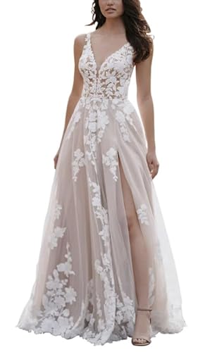 JAEDEN Damen Brautkleider Spitze Hochzeitskleid mit Schlitz V-Ausschnitt Ärmellos Brautkleid Standesamt für Damen Champagner 40 von JAEDEN