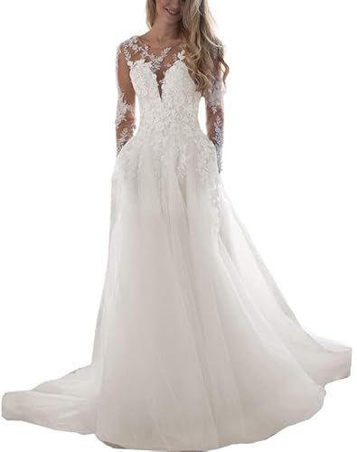 JAEDEN Damen Brautkleider Spitzen A-Linie Hochzeitskleid Tüll Standesamt Brautkleid Langarm Weiß 48 JAEDEN Damen Brautkleider Spitzen A-Linie Hochzeitskleid Tüll Standesamt Brautkleid Langarm Weiß 48 von JAEDEN