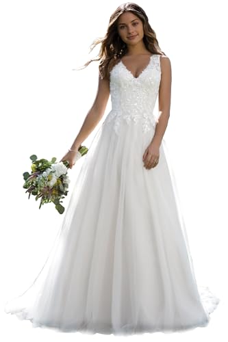 JAEDEN Damen Brautkleider V-Ausschnitt Braut Standesamtkleider Lang Tüll Hochzeitskleider A-Linie Weiß 38 von JAEDEN