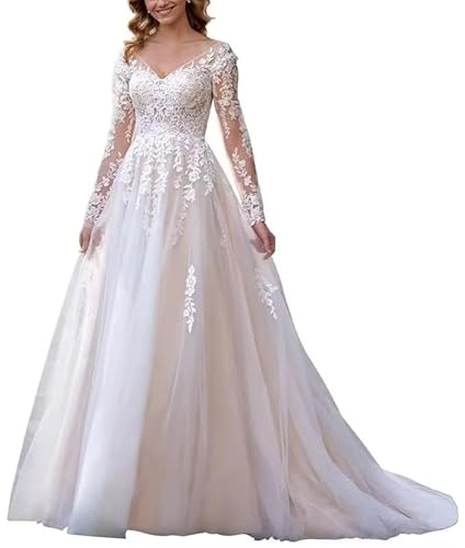 JAEDEN Damen Brautkleider V-Ausschnitt Langarm Hochzeitskleid Prinzessin Standesamtkleid Tüll Spitze Brautkleid Elfenbein 48 von JAEDEN