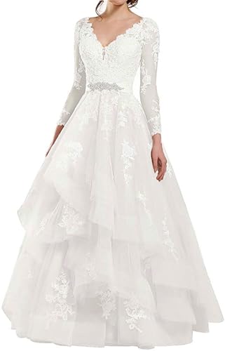 JAEDEN Damen Brautkleider V-Ausschnitt Prinzessin Langarm Hochzeitskleider mit Schleppe Elfenbein 40 von JAEDEN