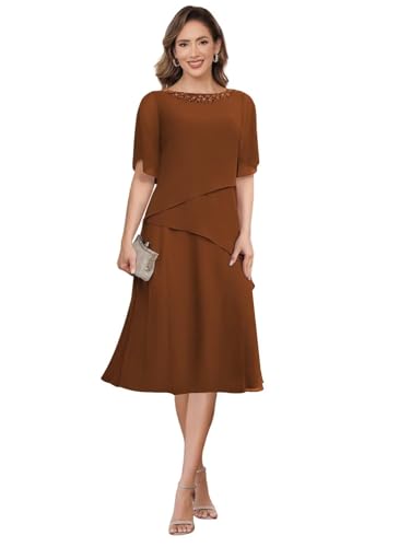 JAEDEN Damen Formelle Abendkleider Knielang Brautmutterkleider Perlen Hochzeitsgast Festliche Kleider Gebranntes Orange 46 von JAEDEN