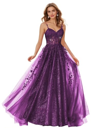 JAEDEN Damen Glitzer Ballkleider Spaghettiträger Abiballkleider Tüll Lang Abschlusskleid Partykleider Plum 40 von JAEDEN