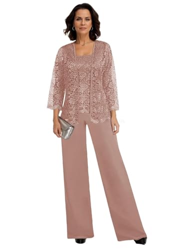 JAEDEN Damen Hosenanzug 3 Teilig Brautmutter Anzug Chiffon Festlich Hochzeit Hosen Set Altrosa 40 von JAEDEN