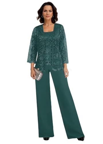 JAEDEN Damen Hosenanzug 3 Teilig Brautmutter Anzug Chiffon Festlich Hochzeit Hosen Set Pfau 48 von JAEDEN