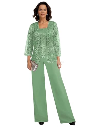 JAEDEN Damen Hosenanzug 3 Teilig Brautmutter Anzug Chiffon Festlich Hochzeit Hosen Set Salbeigrün 40 von JAEDEN