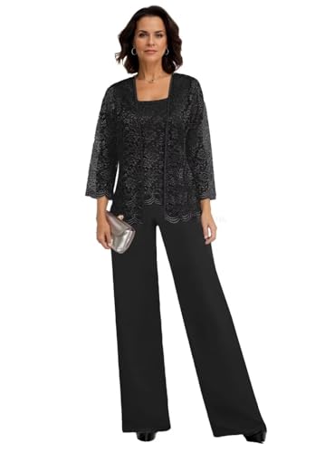 JAEDEN Damen Hosenanzug 3 Teilig Brautmutter Anzug Chiffon Festlich Hochzeit Hosen Set Schwarz 44 von JAEDEN