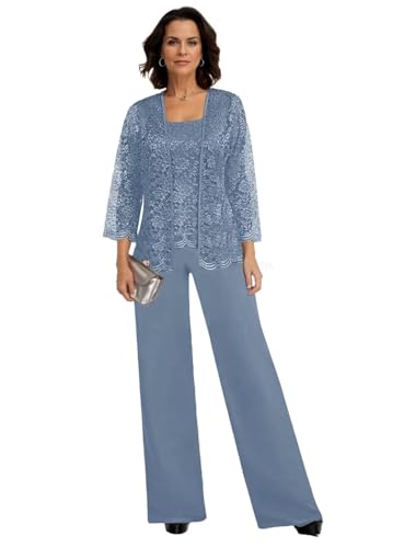 JAEDEN Damen Hosenanzug 3 Teilig Brautmutter Anzug Chiffon Festlich Hochzeit Hosen Set Staubiges Blau 50 von JAEDEN