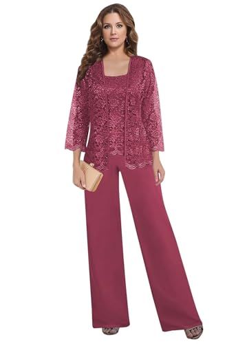 JAEDEN Damen Hosenanzug 3 Teilig Brautmutter Anzug Chiffon Festlich Hochzeit Hosen Set Wüstenrose 54 von JAEDEN