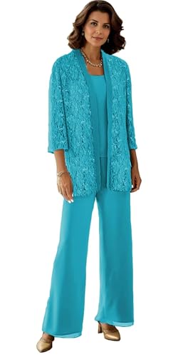 JAEDEN Damen Hosenanzug 3 Teilig Brautmutter Hosenanzüge Spitze Hosen Set Outfit Abendanzug Jade 40 von JAEDEN