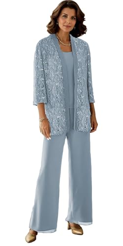 JAEDEN Damen Hosenanzug 3 Teilig Brautmutter Hosenanzüge Spitze Hosen Set Outfit Abendanzug Staubiges Blau 44 von JAEDEN