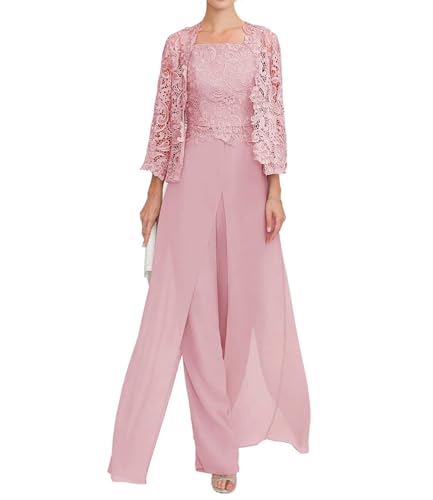 JAEDEN Damen Hosenanzug Spitze Brautmutter Anzug 3 Teilig Mutter der Braut Abendanzug Altrosa Chiffon 38 von JAEDEN