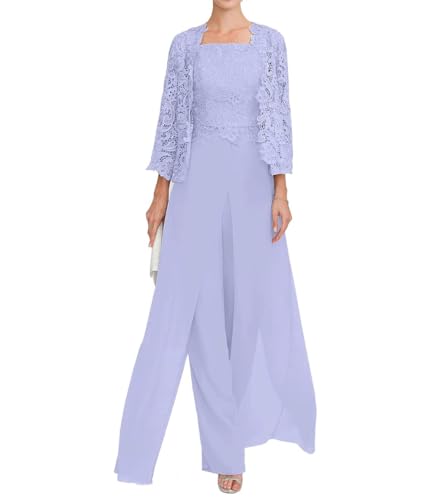 JAEDEN Damen Hosenanzug Spitze Brautmutter Anzug 3 Teilig Mutter der Braut Abendanzug Lavendel 40 von JAEDEN