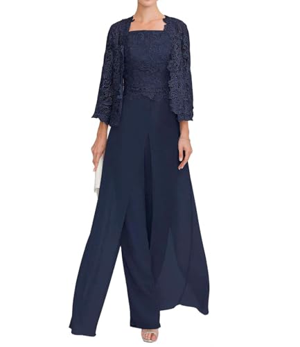 JAEDEN Damen Hosenanzug Spitze Brautmutter Anzug 3 Teilig Mutter der Braut Abendanzug Marineblau 46 von JAEDEN