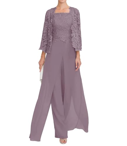 JAEDEN Damen Hosenanzug Spitze Brautmutter Anzug 3 Teilig Mutter der Braut Abendanzug Mauve 48 von JAEDEN