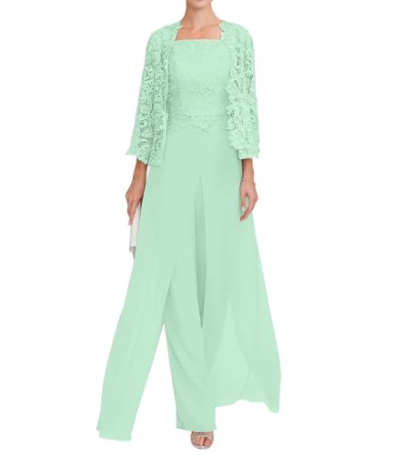 JAEDEN Damen Hosenanzug Spitze Brautmutter Anzug 3 Teilig Mutter der Braut Abendanzug Mintgrün 36 von JAEDEN