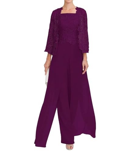 JAEDEN Damen Hosenanzug Spitze Brautmutter Anzug 3 Teilig Mutter der Braut Abendanzug Plum 54 von JAEDEN