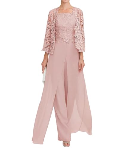 JAEDEN Damen Hosenanzug Spitze Brautmutter Anzug 3 Teilig Mutter der Braut Abendanzug Staubige Rose 48 von JAEDEN