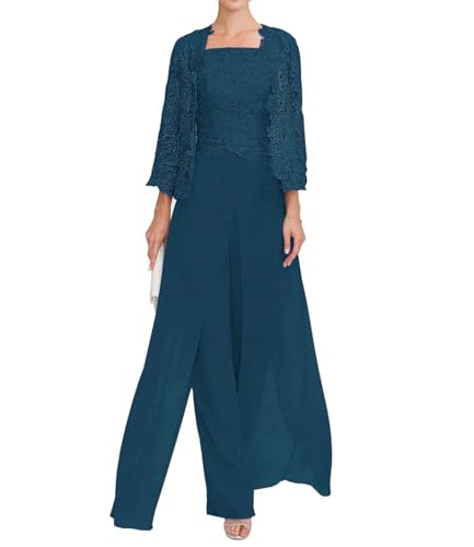 JAEDEN Damen Hosenanzug Spitze Brautmutter Anzug 3 Teilig Mutter der Braut Abendanzug Teal 48 von JAEDEN