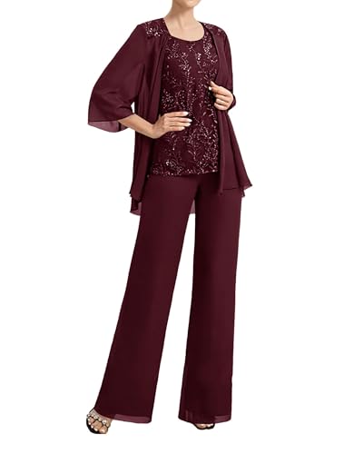 JAEDEN Damen Hosenanzug für Hochzeit Chiffon Brautmutter Anzug Festlich 3 Teilig Hosen Set Dunkles Burgunder 42 von JAEDEN