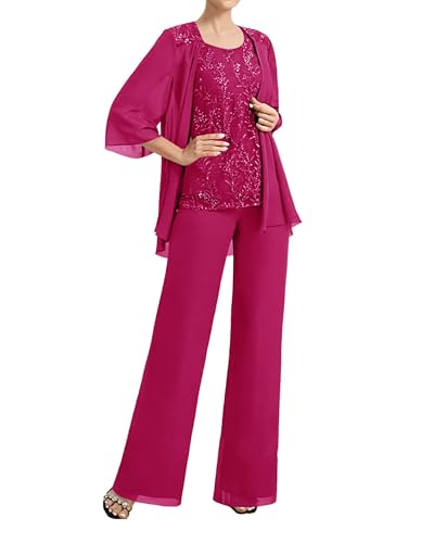 JAEDEN Damen Hosenanzug für Hochzeit Chiffon Brautmutter Anzug Festlich 3 Teilig Hosen Set Fuchsie 46 von JAEDEN