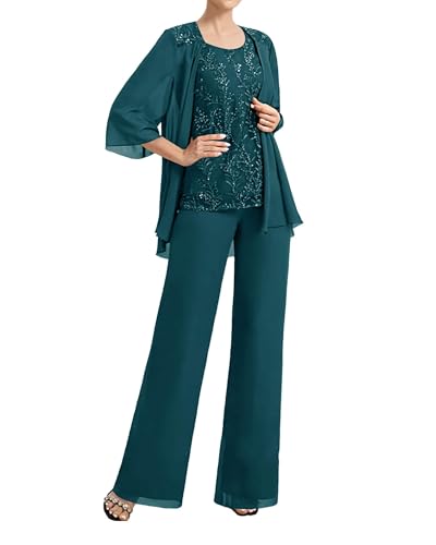 JAEDEN Damen Hosenanzug für Hochzeit Chiffon Brautmutter Anzug Festlich 3 Teilig Hosen Set Pfau 52 von JAEDEN