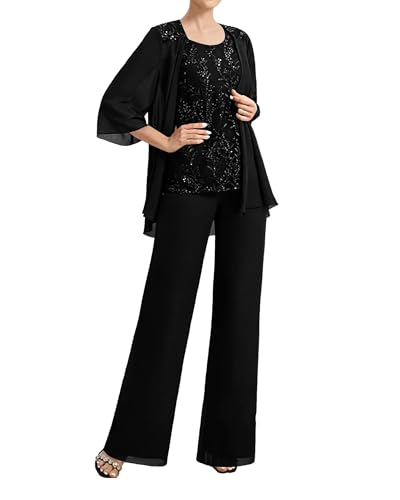 JAEDEN Damen Hosenanzug für Hochzeit Chiffon Brautmutter Anzug Festlich 3 Teilig Hosen Set Schwarz 44 von JAEDEN