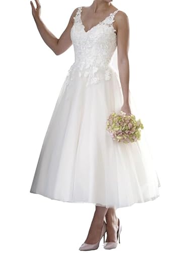 JAEDEN Damen Kurz Brautkleid Vintage Standesamt Hochzeitskleid A-Linie Spitze Brautkleider Ärmellos Elfenbein 48 von JAEDEN