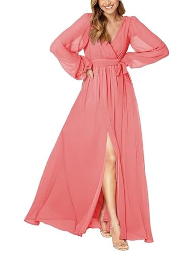 JAEDEN Damen Langarm Brautjungfernkleider V-Ausschnitt Falte Chiffon Hochzeitsgast Kleid A-Linie Schlichte Maxikleid Abendkleider Koralle 48 von JAEDEN