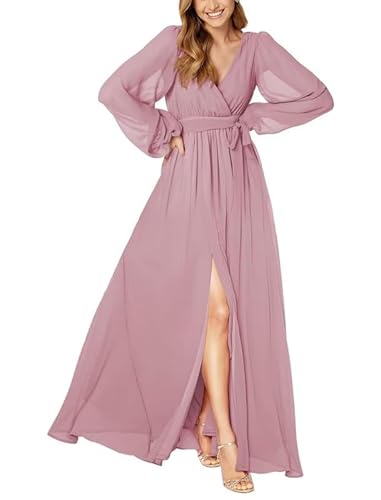 JAEDEN Damen Langarm Brautjungfernkleider V-Ausschnitt Falte Chiffon Hochzeitsgast Kleid A-Linie Schlichte Maxikleid Abendkleider Staubiges Mauve 46 von JAEDEN