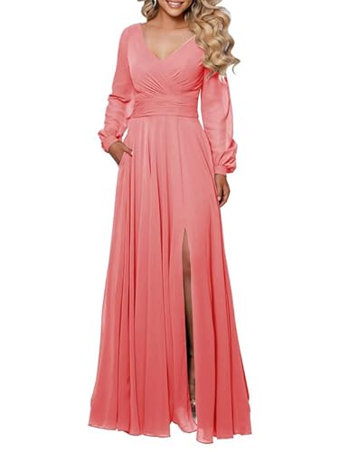 JAEDEN Damen Langarm Brautjungfernkleider mit Schlitz Falte Chiffon Maxikleid Formelle Abendkleider V-Ausschnitt Hochzeitsgast Festkleid Koralle 58 von JAEDEN